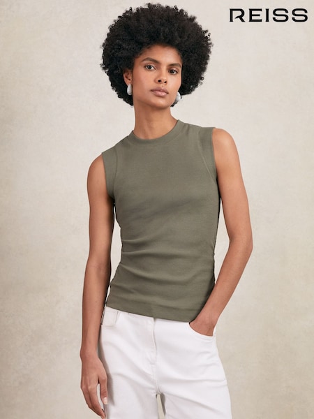 Reiss Khaki Green Trudy Fine Rib Ruched Vest Top (H54759) | AED274