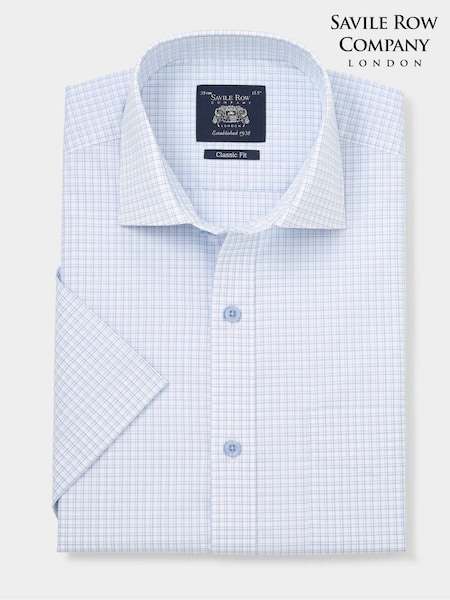 Savile Row Company Classic Fit Blue Cotton Check Short Sleeve Formal Shirt (H54791) | R$ 545