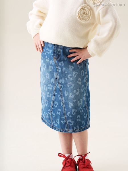 Angel & Rocket Blue Kendal Leopard Print Denim Midi Skirt (H54824) | €31 - €39