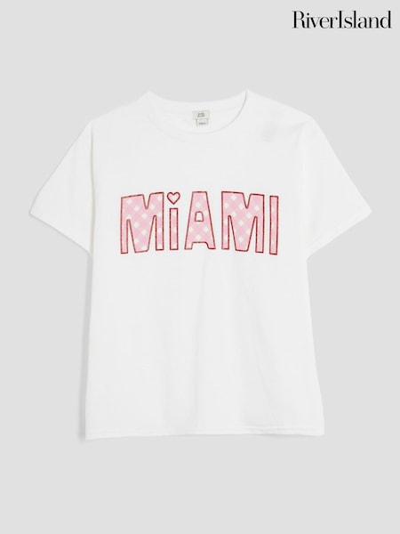 River Island White Gingham Wordie T-Shirt (H54909) | €20