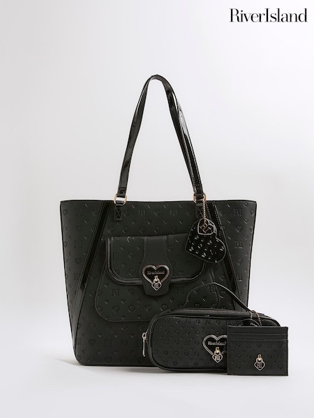 River Island Black Girls Heart Lock Shopper Bundle Bag (H54913) | AED285