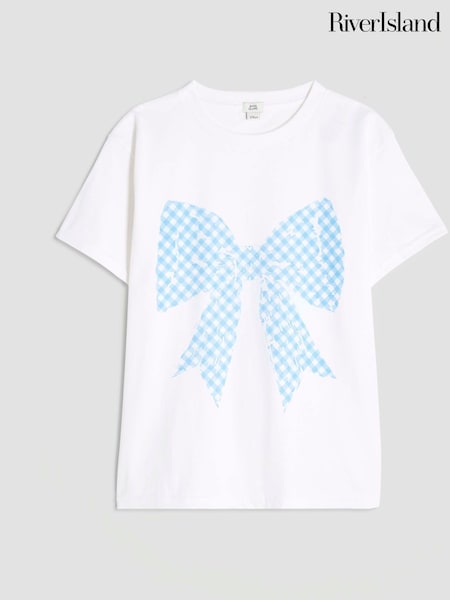 River Island Girls Gingham Bow White T-Shirt (H54921) | ‏82 د.إ.‏