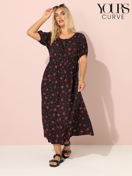 Negru - Yours Curve Short Sleeve Boho Dress (H54937) | 276 LEI