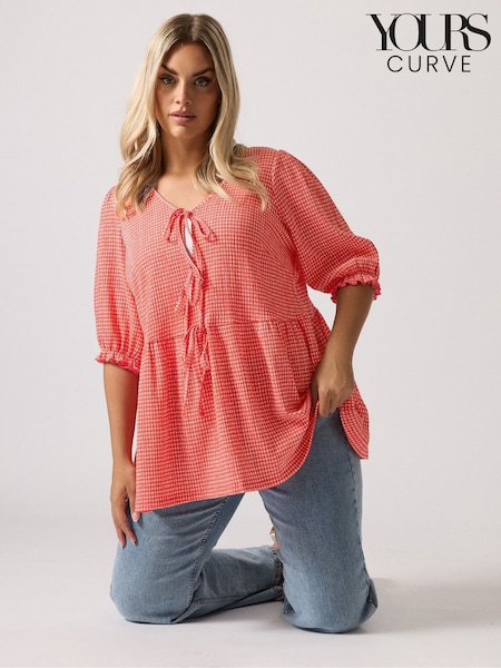 Yours Curve Red Gingham Bow Front Blouse (H54949) | €46