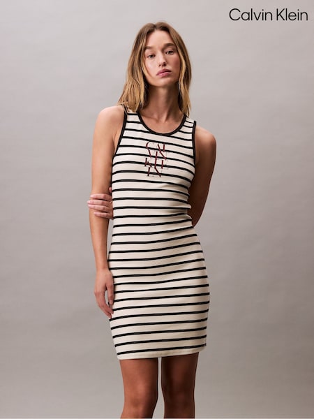 Calvin Klein Cream Cotton Rib Stripe Dress (H55222) | R$ 790