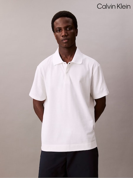 Calvin Klein White Snap Button Pique Polo Shirt (H55245) | €128