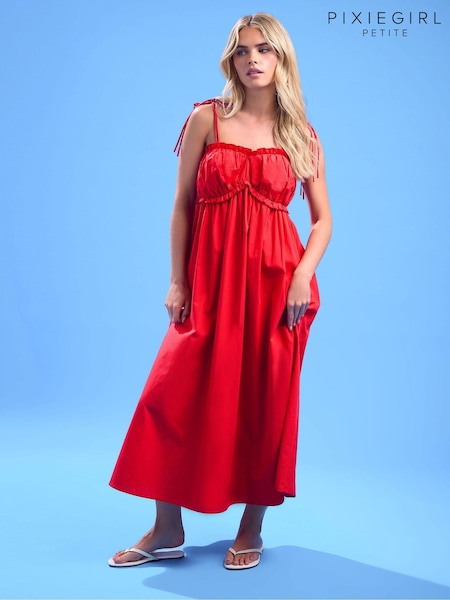 PixieGirl Petite Red Frilly Tie Strap Poplin Dress (H55306) | € 43