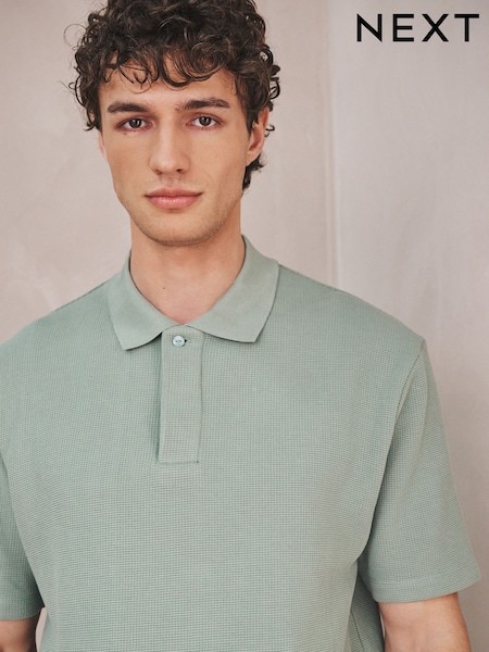 Sage Green Short Sleeve Textured Waffle Long Sleeve Polo Shirt (H55485) | 129 QAR