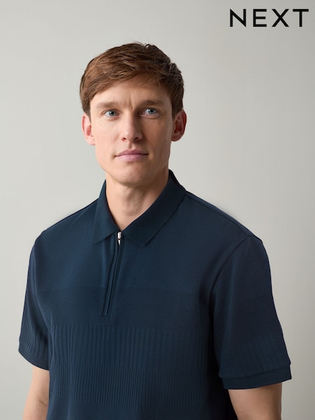 أزرق داكن أزرق - Block Texture Zip Neck Polo Shirt (H55496) | ‏140 د.إ.‏
