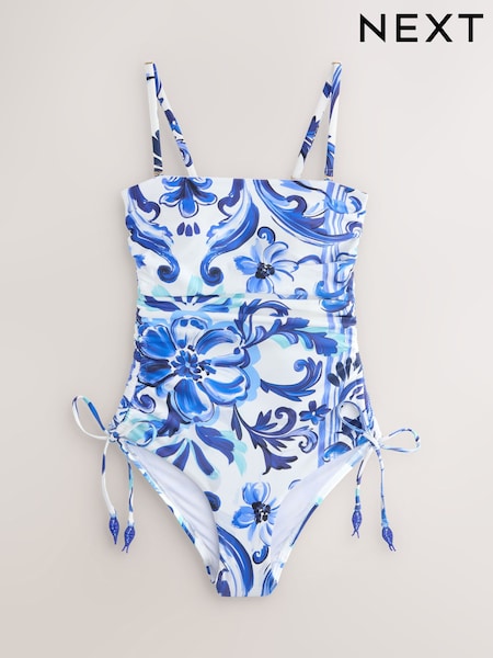 بورسلين أبيض/أزرق - Bandeau Ruched Leg Tummy Control Shaping Swimsuit (H55804) | ‏212 ر.ق.