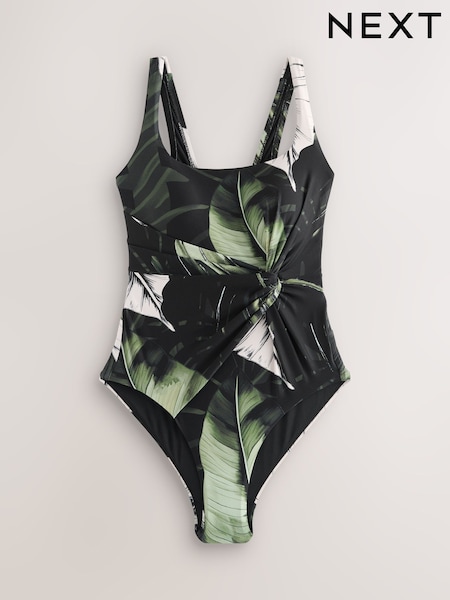 أسود/أخضر - نقشة أوراق - Twist Scoop Tummy Control Swimsuit (H55819) | ‏179 ر.ق.