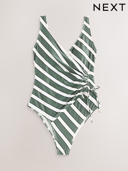 أخضر وكريمي مخطط - Ruched Side Tummy Shaping Control Swimsuit (H55828) | ‏184 ر.ق.