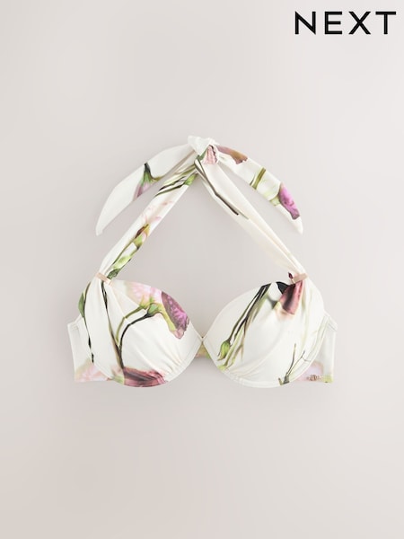 Cream/Purple Tulip Floral Padded Shaping Wired Halter Bikini Top (H55847) | SGD 49