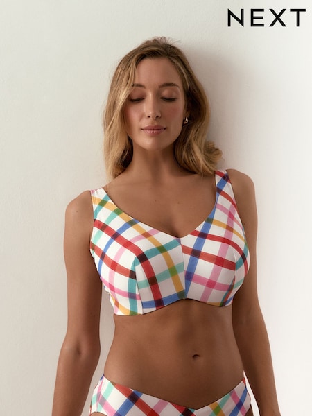 Multi/White Bright Check F - K Ultimate Support Wired Crop Bikini Top (H55902) | €54