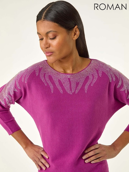 ורוד - Roman Embellished Neck Knit Jumper (H55937) | ‏239‏₪