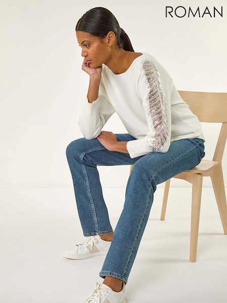 Roman White Embellished Sleeve Knit Jumper (H55941) | AZN 111