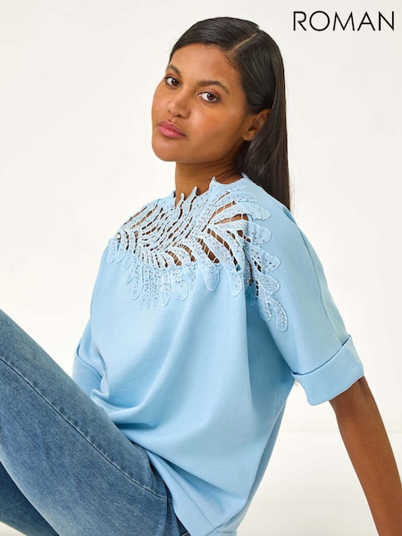 כחול  - Roman Embellished Short Sleeve Knit Jumper Top (H55946) | ‏214‏₪