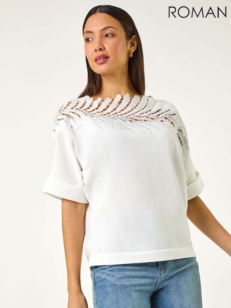 לבן - Roman Embellished Short Sleeve Knit Jumper Top (H55953) | ‏214‏₪