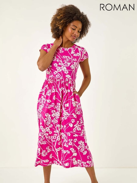 Roman Pink Floral Print Midi Stretch Dress (H55966) | R$ 460
