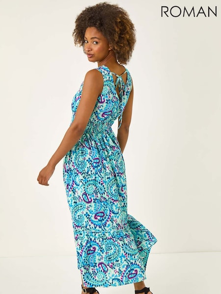 Roman Blue Paisley Print Shirred Maxi Dress (H55969) | R$ 485