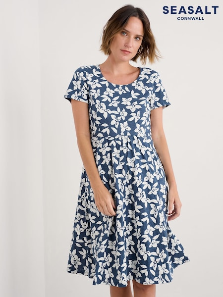 Seasalt Cornwall Blue Petite Enor Fit and Flare 100% Cotton Dress (H56033) | €77