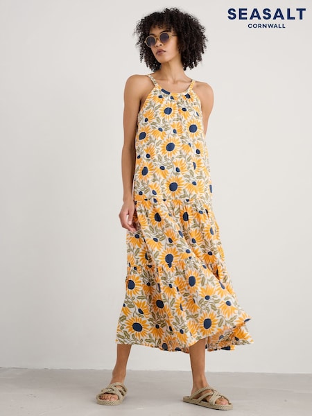 Seasalt Cornwall Yellow Petite Alba Above Ankle Tiered 100% Cotton Dress (H56055) | €96
