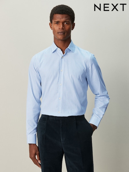 Light Blue Gingham Regular Fit Cotton Rich Long Sleeve Formal Shirt (H56145) | €36