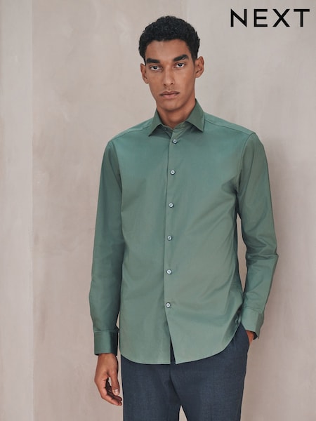 Olive Green Slim Fit Cotton Stretch Long Sleeve Formal Shirt (H56154) | AED140