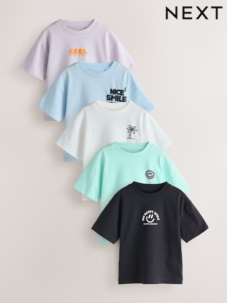 White/Blue/Green/Black/Purple Small Short Sleeve Graphic T-Shirts 5 Pack (3mths-7yrs) (H56278) | LEI 134 - LEI 164