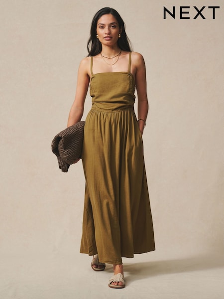 Khaki Green - Ruched Bandeau Midi Dress with Linen (H56406) | KES 4,650