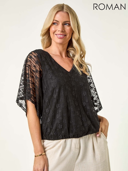 Roman Black Petite Mesh V-Neck Blouse (H56416) | AZN 111
