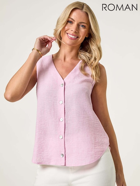 Roman Pink Petite Buttoned Sleeveless Blouse (H56418) | 198 QAR