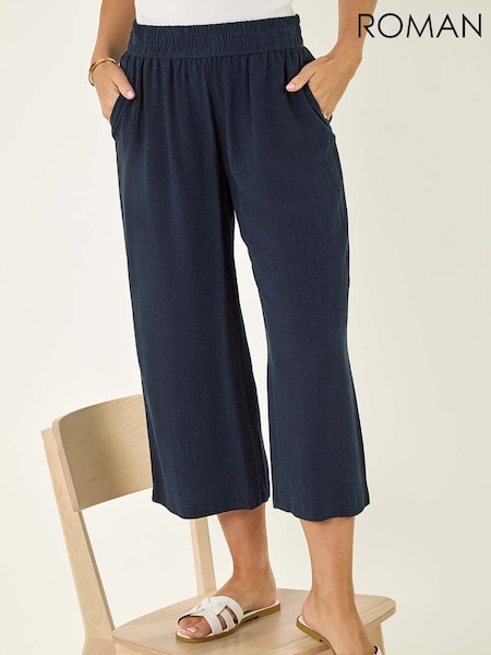 כחול  - Roman Petite Linen Mix Cropped Trousers (H56424) | ‏201‏₪