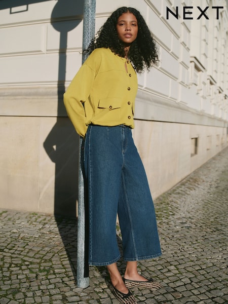 Dark Blue - Belted Wide Leg Cropped Jeans