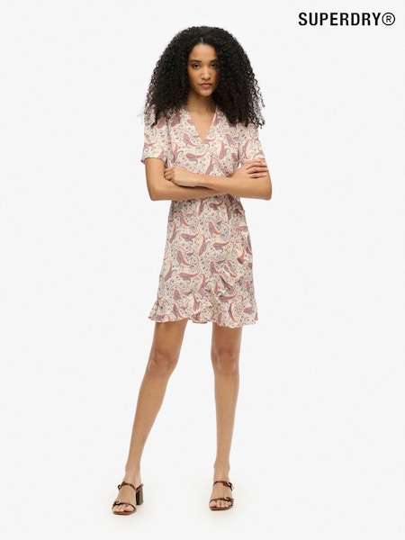 Superdry Cream Short Sleeve Printed Mini Wrap Dress (H56737) | kr806