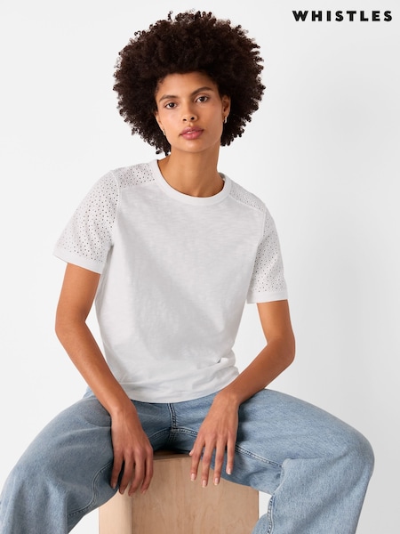Whistles Broderie Sleeve Detail 100% Cotton T-Shirt (H56793) | 83 €