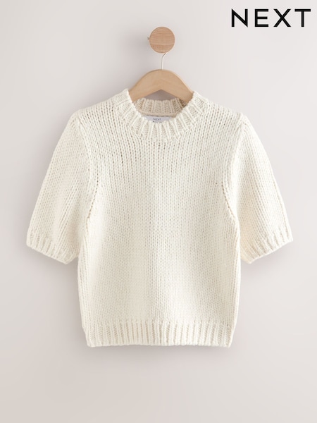 Ecru Half Sleeve Twist Knit T-Shirt With Wool (H56873) | €33