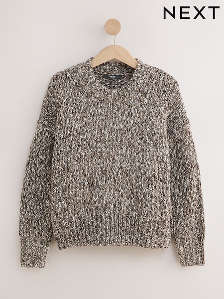 Chocolate Brown Twist Knit Crew Neck Jumper With Wool (H56936) | €44