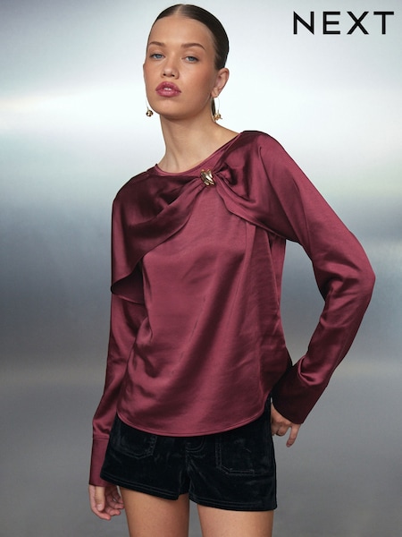 Burgunderrot - Long Sleeve Drape Blouse With Gold Hardware (H57125) | 70 €