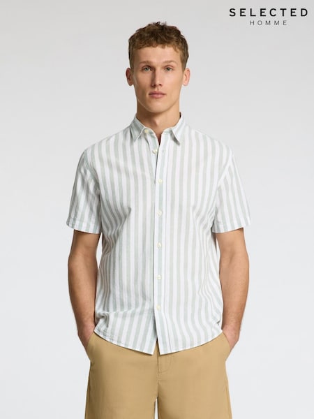 Selected Homme Green Short Sleeve Shirt With Linen (H57196) | €54
