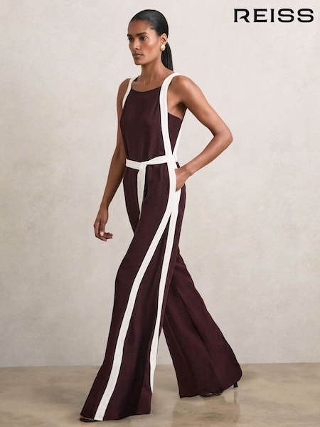 Reiss Burgundy/Cream Salma Petite Colour-Block Wide-Leg Belted Jumpsuit (H57198) | €385