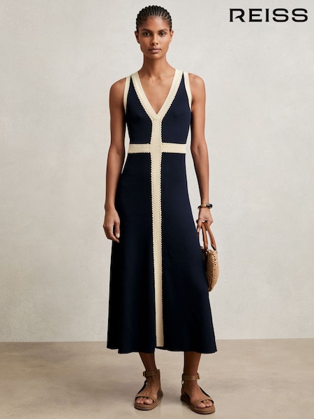 Reiss Navy Lou Craft-Stitch Knitted Midi Dress (H57215) | €345
