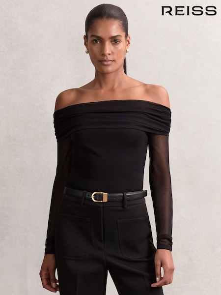 Reiss Black Angie Sheer Mesh Bardot Top (H57217) | €185