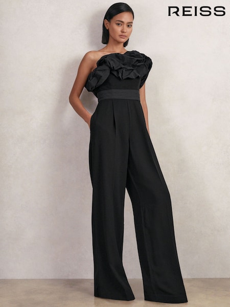 Reiss Black Sabbie Sculptural Strapless Wide-Leg Jumpsuit (H57222) | AED2,146