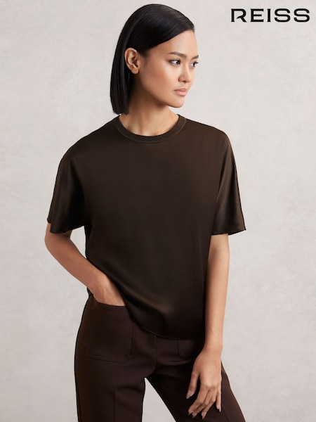 Reiss Chocolate Brown Lena Silk Short-Sleeve Top (H57229) | AED1,066