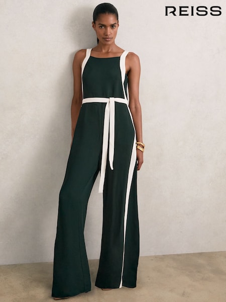 Dark Green/Cream - Reiss Salma Colour Block Wide Leg Belted Jumpsuit (H57236) | 2,228 LEI
