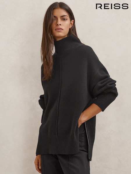 Reiss Black Harri Wool Zip-Detail Funnel-Neck Jumper (H57244) | €205