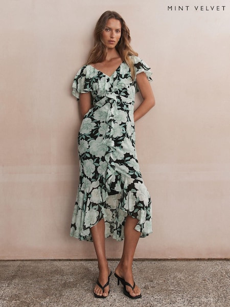 Mint Velvet Green Floral Print Ruffle Maxi Dress (H57281) | €305