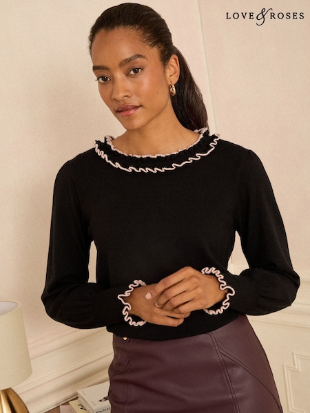 Black Double Contrast - Love & Roses Frill Neck Fine Gauge Jumper (H57431) | 55 €