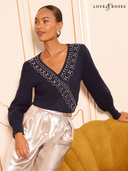 Love & Roses Navy Blue Embellished Wrap Knitted Jumper (H57441) | €62